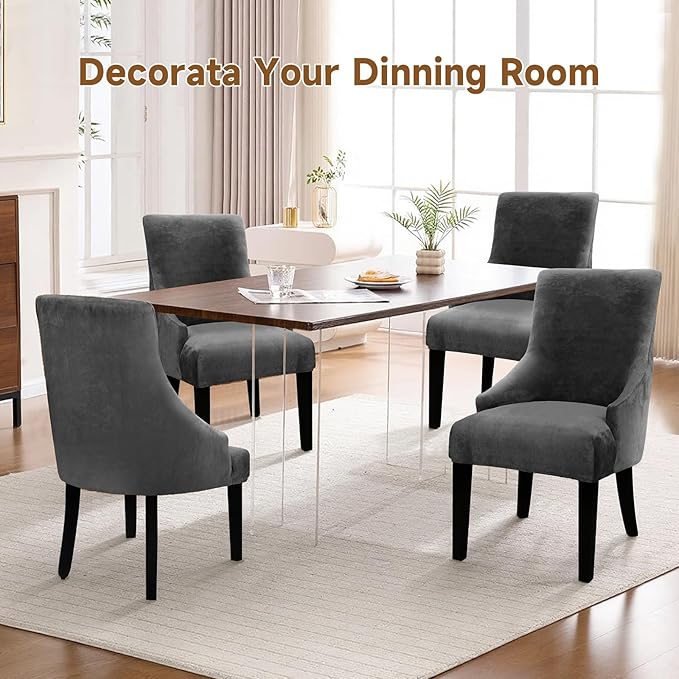 Velvet Wingback Dining Chair Cover Soft Stretch Accent Chair Cover Slipcover Thick Plush Wing Back Chairs Covers Furniture Protect Washable Chairs Protector Covers for Dining Room (Dark Grey, 4)