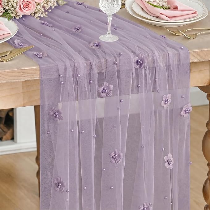 Artoid Mode Purple Flower Pearl Purple Gauze Table Runner 10FT, Seasonal Sheer Dining Holiday Wedding Birthday Baby Shower Table Decor for Home Party
