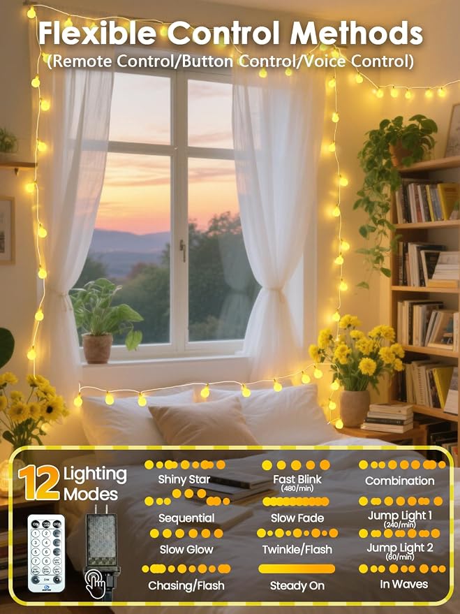 2026 New Connectable 43FT Smart Voice Controlled Globe String Lights Indoor Outdoor | 100LED Warm White Classroom Fairy Lights for Bedroom with Remote & Timer, 12 Modes Waterproof Classroom Decor