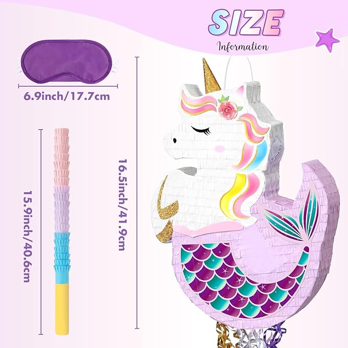 WERNNSAI Unicorn Mermaid Piñata - Unicorn or Mermaid Party Supplies Piñata Bundle with Blindfold, Bat for Girls Kids Rainbow Unicorn Mermaid Theme Birthday Game Decorations (16.5" x 12.4" x 2.9")