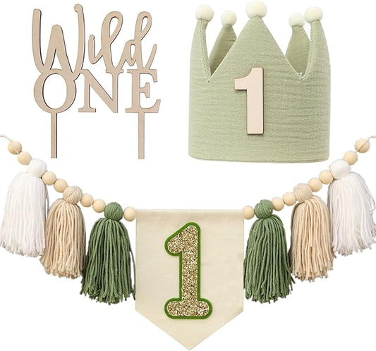 Wild One High Chair Banner For 1st Birthday Party Boy Decorations With Green Tassel Garland Crown Hat Wild One Cake Topper