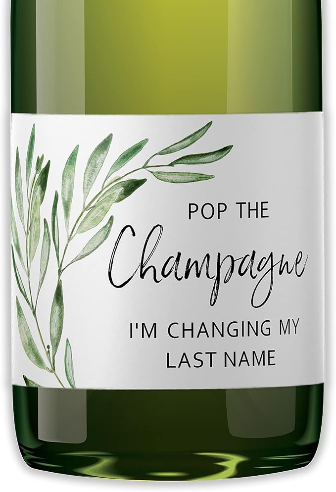 POP The Champagne I’m Changing My Last Name Labels ● Set of 12 ● Bachelorette Party Bridal Shower Bride Squad Mini Champagne Bottle Labels Wine Label Alternative to Cards Shirts (Greenery)