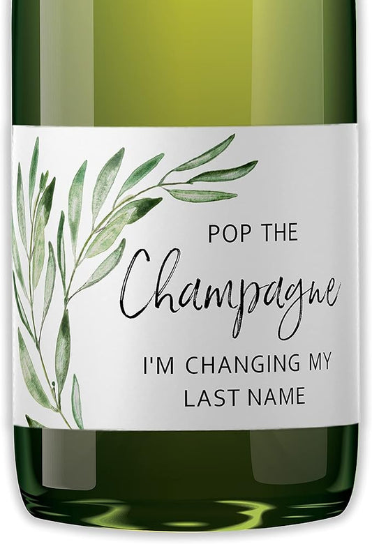 POP The Champagne I’m Changing My Last Name Labels ● Set of 12 ● Bachelorette Party Bridal Shower Bride Squad Mini Champagne Bottle Labels Wine Label Alternative to Cards Shirts (Greenery)
