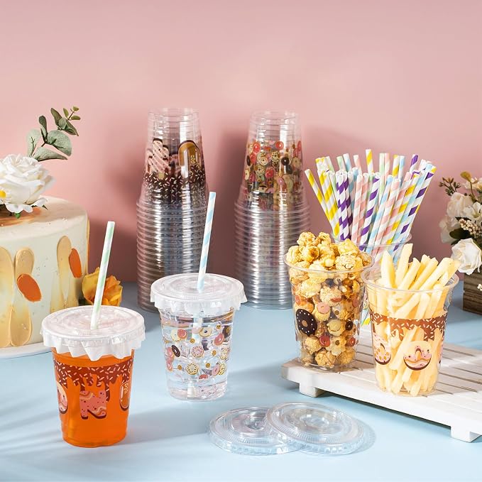 FoldTier 50 Pcs Donut Birthday party Plastic Cup 12 oz Cold Drinks Cups Doughnut Thick Clear Mug Disposable Mugs with Lids for Iced Coffee Smoothie Milkshake Birthday Party Sweet Holiday