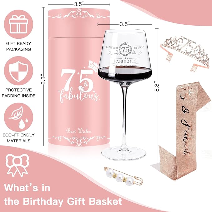 75TH Birthday Gifts for Women,Vintage Engraved 75th Wine Glass,75 Year Old Birthday Decorations For Her,75&Fabulous Sash and Tiara For Women,Friends,Sister-Turning 75th Party Favor Supplies