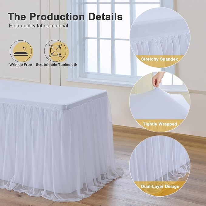 familus White Table Cloths 8 Foot Rectangle 2 Pack Stretch Ruffle Tulle Tablecloth Spandex Fitted Table Cover for 8 Foot Tulle Table Skirts for Party Wedding Table Cloths, Banquets
