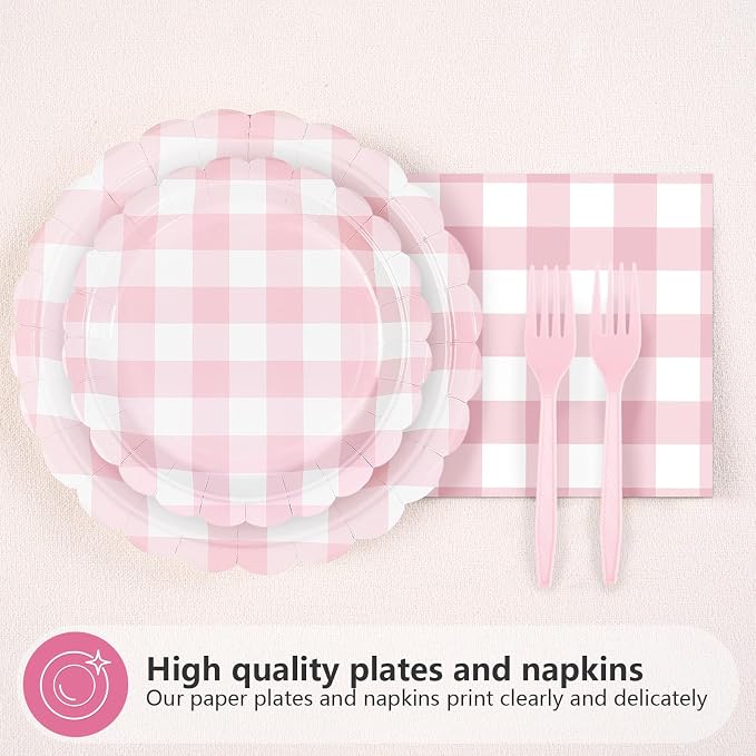 96Pcs Pink Gingham Party Decorations Light Pink & White Scalloped Checkered Plaid Plates and Napkins Tableware Sets for Girls Birthday Baby Shower BBQ Pastel Theme Dinner Party Supplies Serves 24