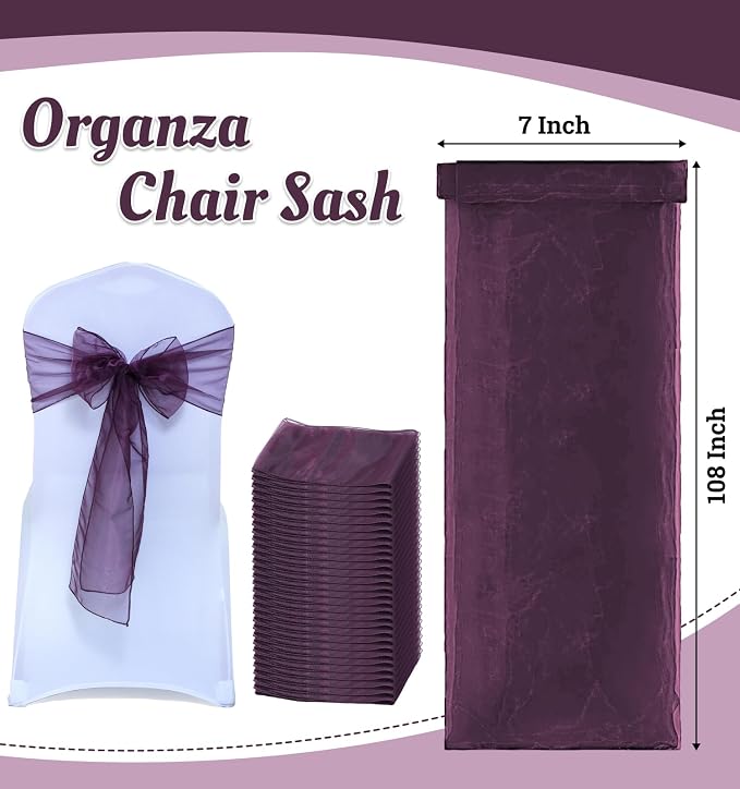 MDS® Pack of 125 Organza Chair Sashes for Wedding Decoration, Reusable Sheer Chair Bows for Banquet Chair Cover, Reception, Bridal Shower, Baby Shower, Birthday Party & Special Events - Plum