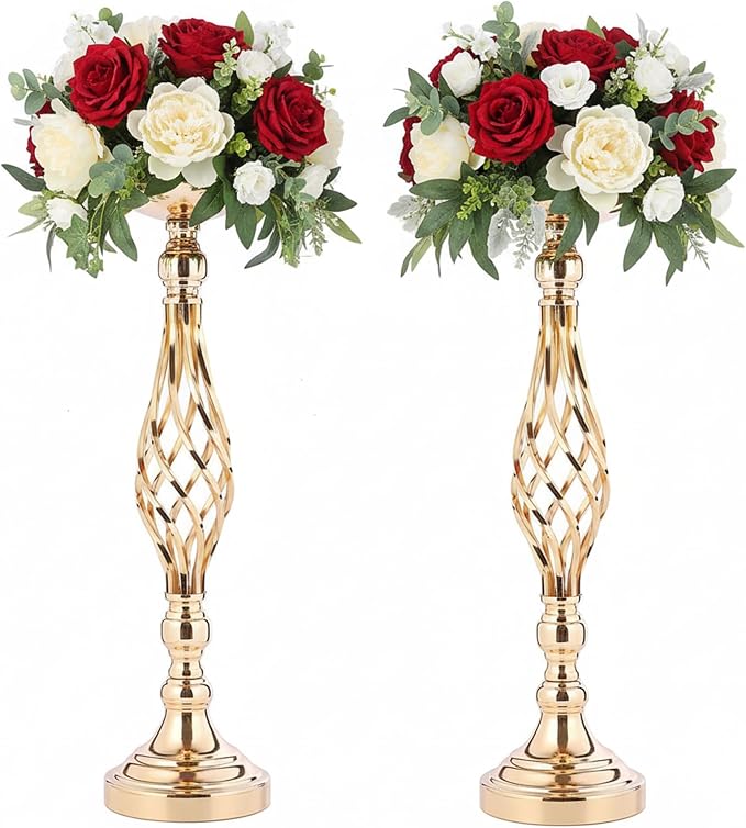 Gold Wedding Vases for Table Centerpieces - 2pcs of Twist Candleholder Stands, Elegant Floral Arrangement Vases, Metal Centerpieces for Reception Table Wedding Road-Leading Home Decor