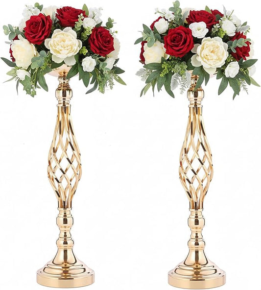 Gold Wedding Vases for Table Centerpieces - 2pcs of Twist Candleholder Stands, Elegant Floral Arrangement Vases, Metal Centerpieces for Reception Table Wedding Road-Leading Home Decor