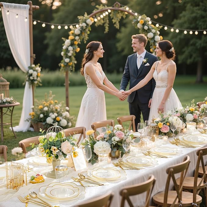 WONDERFUL 350PCS Ivory Plastic Plates for Party Plates Disposable Heavy Duty Ivory Gold Plastic Dinnerware Set for 50 Guests - 100 Disposable Plate,150 Silverware,50 Cup,50 Wedding Napkins for Wedding