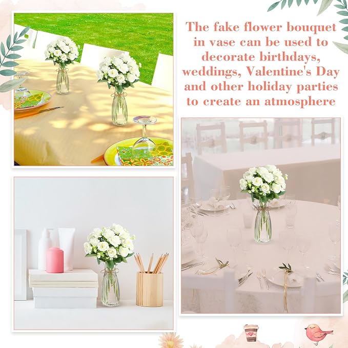 Zeyune 31 Pcs Rose Artificial Flowers with Vase Bulk for Table Centerpiece, 20 Bundles Fake Silk Roses 10 Plastic Clear Vase with 1 Pcs Rope Arrangement Decoration Wedding Home Party(White)