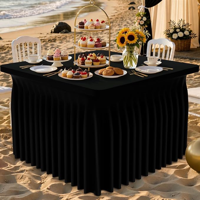 Smiry Spandex Tablecloth, Elastic Fitted Stretch Tablecloth for 3FT Rectangle Tables, Waterproof Washable Table Cover Skirt for Outdoor, Wedding, Banquet & Parties (Black, 36Lx36Wx30H Inch)