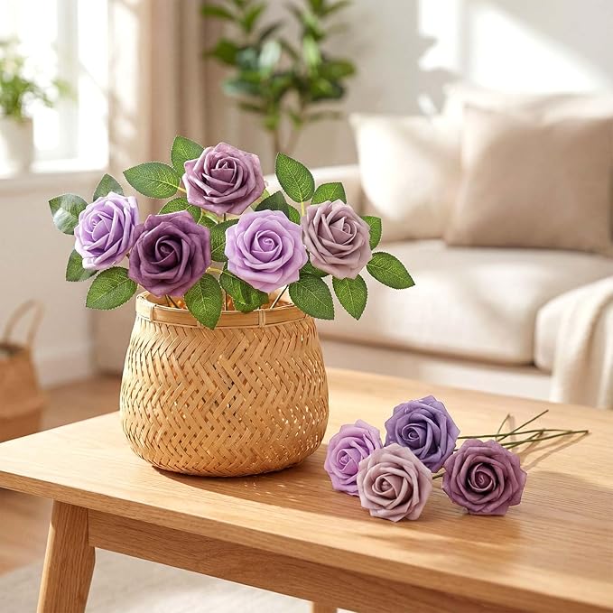 100 Pcs Artificial Foam Rose Flower Faux Bouquet Wedding Fake Rose Gift for Mother's Day Women DIY Bridal Shower Party Table Birthday Home Spring Decor (Gradient Light Purple)
