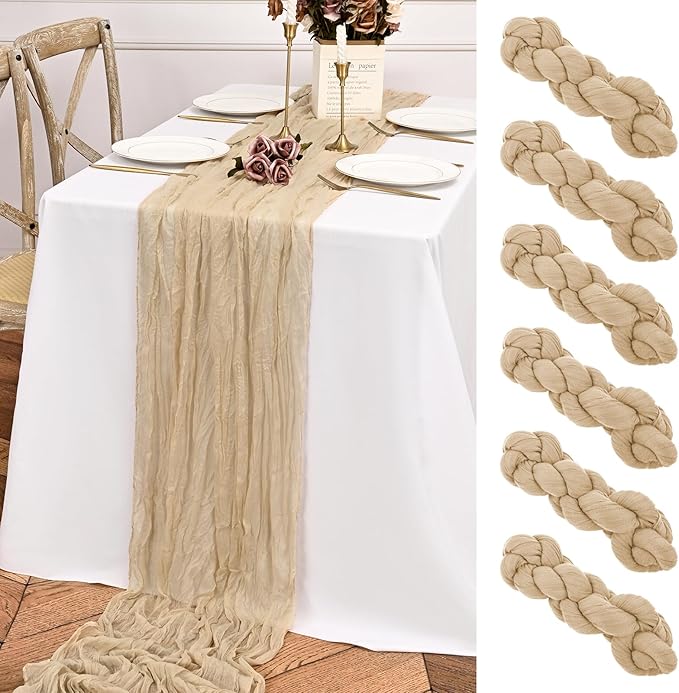 6 Pack Beige Table Runner 10FT Long Cheesecloth Table Runner Cheese Cloth Gauze for Wedding Party Birthday Decoration-Beige