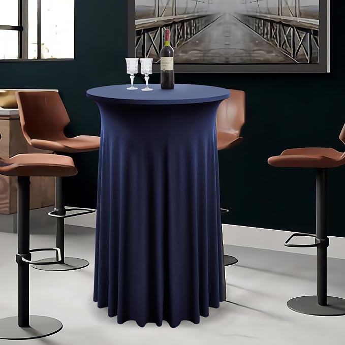 Nobed 6 Pack Wrinkle Free Stretch Spandex Table Covers, Navy Blue Cocktail Tablecloths with Skirt, 32X43 Inch High Top Highboy Round Cocktail Table Covers for Party Banquet Birthday Bar
