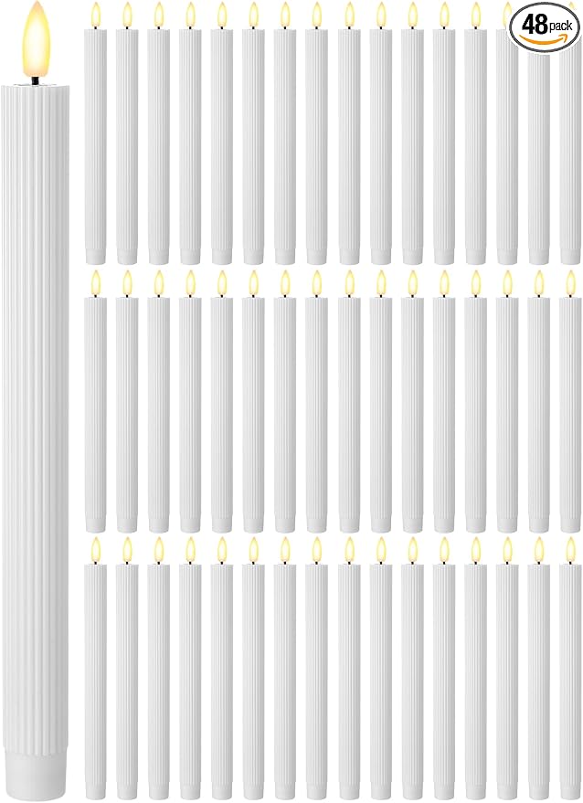 Funtery 48 Pcs Flameless LED Taper Candles Battery Operated Candles Bulk Realistic LED Candlesticks Flickering for Wedding Church Party Home Decor(White,10 Inch,Elegant Style)