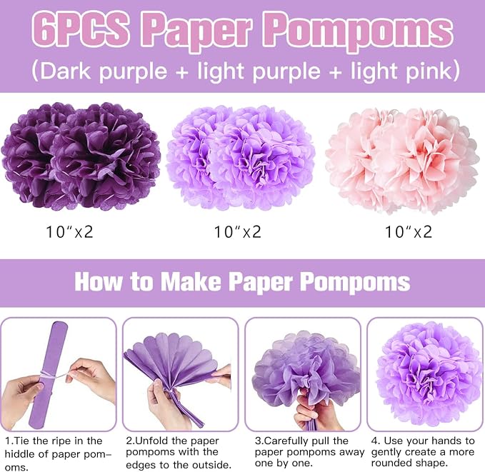 Birthday Decorations Set, Purple Party Decoration with Purple Balloons, Banner, Pom Poms, Fringe Curtain Background, Birthday Crown, Shoulder Strap for Girls Women Party Supplies
