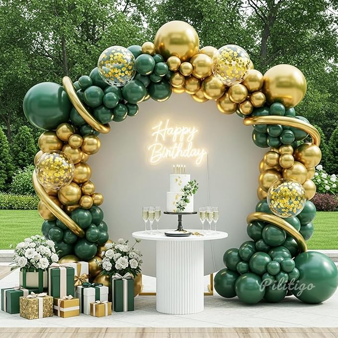 Double Stuffed Dark Green and Gold Balloon Garland Arch Kit - Emerald Green Metallic Gold Confetti Balloons for Graduation Decorations 2026, Jungle Safari Birthday, Wedding, Baby Shower Party Supplies