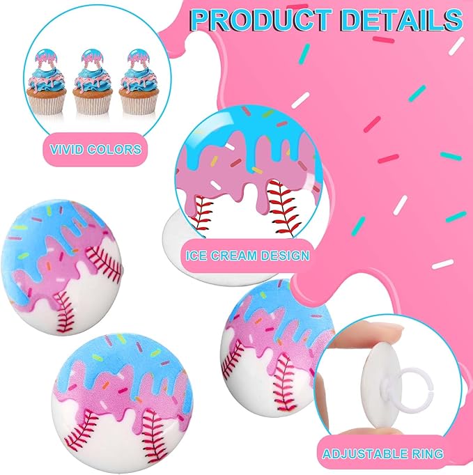 Kenning 48pcs Resin Baseball Drip Ice Cream Cupcake Ring Toppers Baseball Sport Cupcake Topper Rings for Sports Ball Theme Baby Shower Birthday Party Cake Decoration Supplies