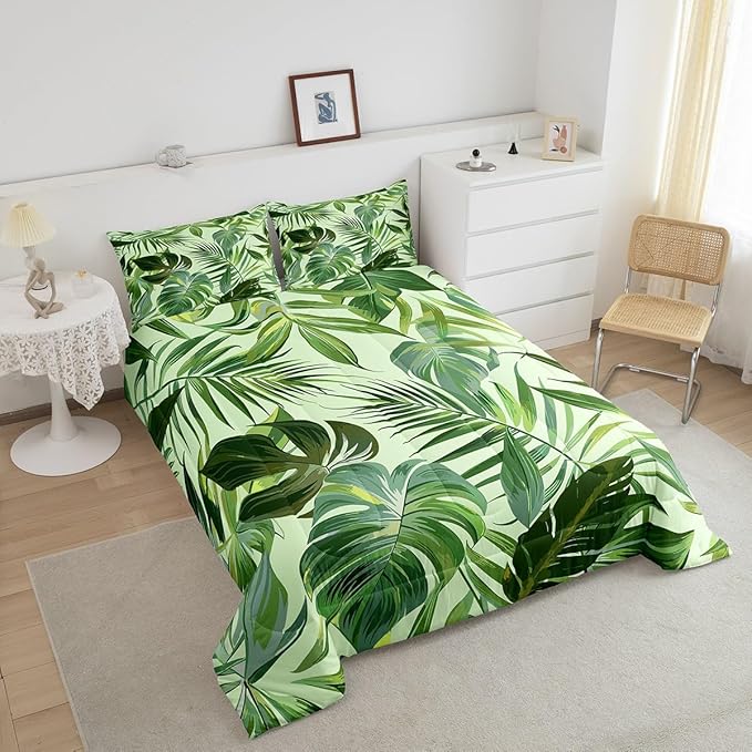 jejeloiu Green Palm Leaf Comforter Set Full Size Kids Tropical Leaves Pattern Green Bedding Set for Boys Girls Summer Tree Branches Nature Theme Duvet Quilt Room Decor