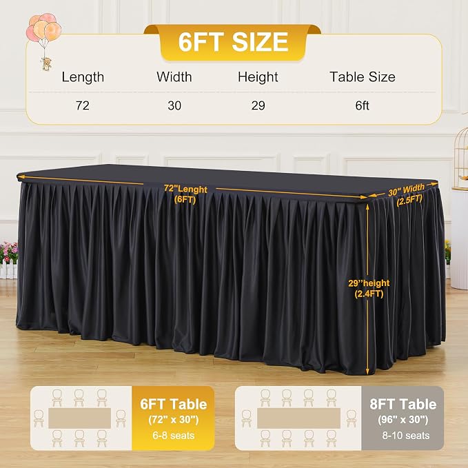 2 Packs Black Tableclothes for 6 Foot Rectangle Tables, Wrinkle Free Fitted Table Cloth 6ft Stretch Table Cover with Skirt for Parties Weddings Birthday Banquet Baby Shower