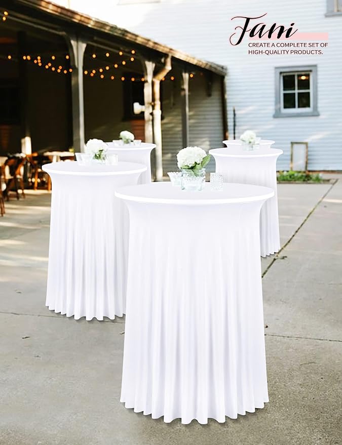 fani 6 Packs 32"x 43" Round Cocktail Table Skirt, Spandex Fitted High Top Table Skirt, Spandex Stretch Cocktail Tablecloth for Wedding Party Bar Banquet Birthday Tables(White)