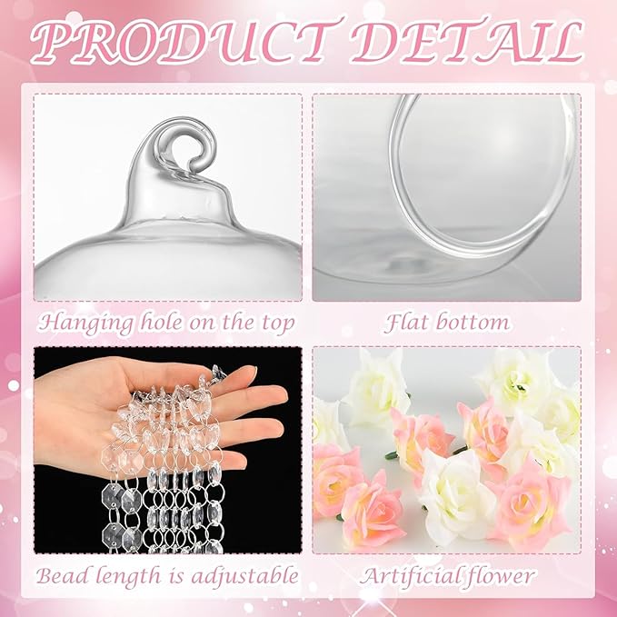 12 Sets Hanging Candle Holder Wedding Glass Globe with Acrylic Gems Bead Garland Hanging Tea Light Candle Holder Orbs Container for Flower Plant Micro Landscape DIY Party Tree Decor 2.36 Inch