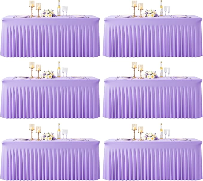 6 Pack Lavender Spandex Tablecloths for Rectangle Tables Light Purple Stretch Table Cloth Rectangle 8ft Lilac Elastic Fitted Table Cover with Skirt for Wedding Birthday Party Banquet Baby Shower
