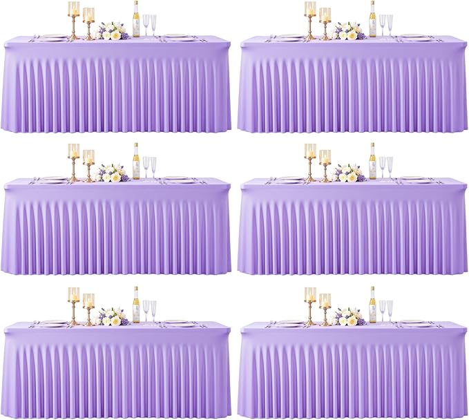 Suppromo 6 Pack 6ft Lavender Spandex Table Cloths for Rectangle Tables Wrinkle Free Light Purple Rectangle Tablecloths Stretch Fitted Table Cover for Birthday Party Wedding Banquet Baby Shower Buffet