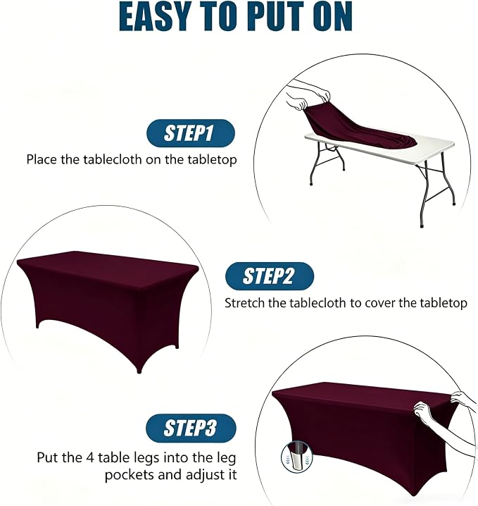 6FT Burgundy Table Cloth - 2 Pack Fitted Stretch Rectangle Spandex Tablecloth, Washable Table Cover for Party, Picnic, Wedding, Banquet, Birthday and Festival(30" x 72")