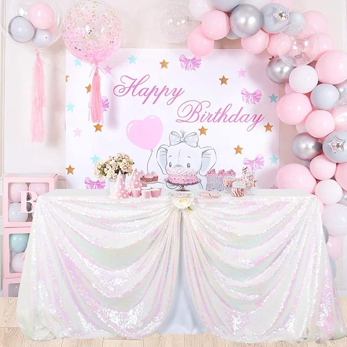 ShiDianYi Iridescent White Tablecloth 90X156 Inch Sequin Tablecloths for Birthday Baby Shower Decor White Table Cloth for Rectangle Table Shimmer Mermaid Linen Rectangular