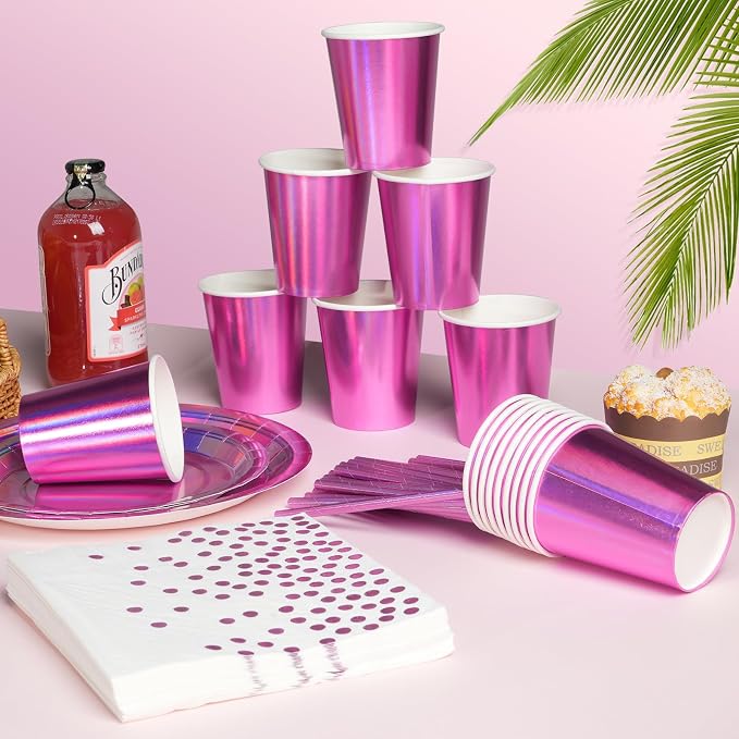 Iridescent Pink Party Supplies Decorations Serve 25, Hot Pink Holographic Paper Plates and Napkins Set, Disposable Pink Paper Plates Cups Knives Spoons Fork for Mermaid Disco Kpop Birthday Party Decor