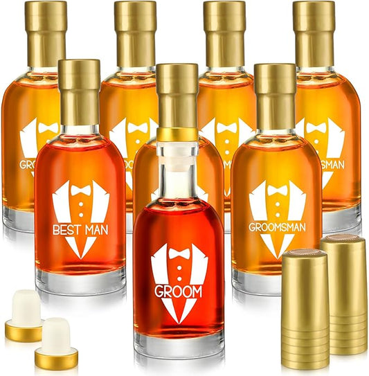 Funnymoom 8 Set Groomsmen Gifts Groomsman Liquor Bottle 6.8 oz 200ml Groomsmen Proposal Gifts with Cork Lid for Groom Best Man Glass Clear Alcohol Bottles for Guests Wedding Favor Wine Whiskey