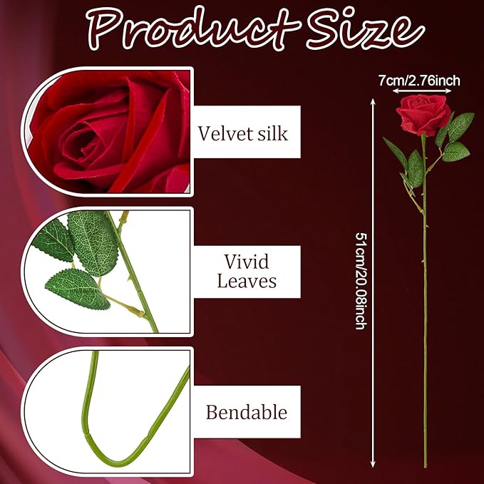 90 Pcs Red Velvet Rose Artificial Flowers, 51cm Silk Wedding Fake Silk Roses Florals for Centerpieces DIY Bouquet Party Arrangement Bridal Home Decor
