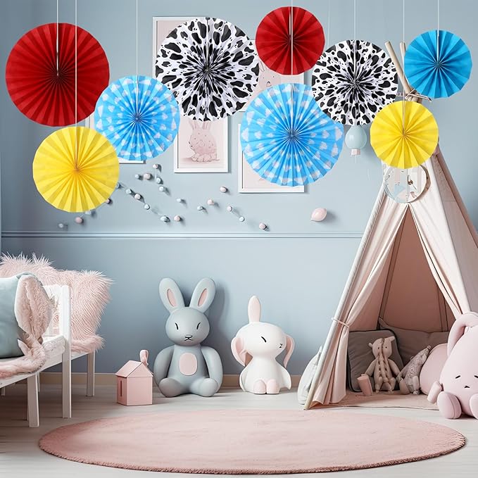 Outus 9 Pcs Cartoon Story Party Paper Fans Blue Sky White Clouds and Cow Print Hanging Decorations Red Yellow Blue Paper Fans Hanging Ceiling Wall Decors for Birthday Baby Shower Party Supplies