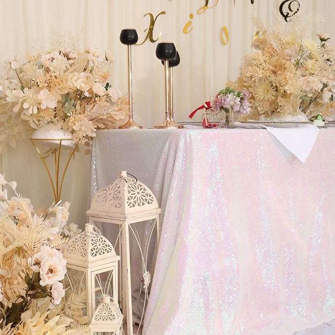 Juya Delight White Iridescent Sequin Tablecloth Rectangular‌ 60''x102'' Sparkle Glitter Table Cloth for Wedding Birthday Party