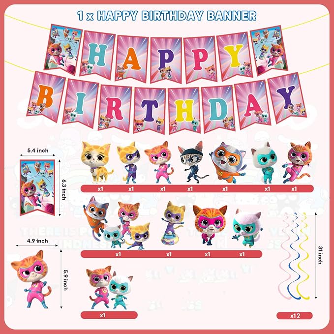 Kitties Birthday Party Supplies. Cat Theme Banner and 24 Hanging Swirl Decorations, Cute Kitties Party Decor for Girls, Boys, and Kids Birthday Celebration