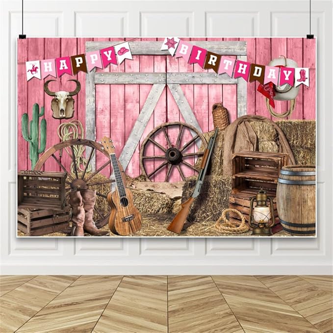 Leowefowa Pink Western Cowgirl Backdrops 15x10ft Pink Barn Door Haystacks Background for Photography Western Rustic Girl Birthday Party Banner Decor Cowgirl Party Portrait Studio Props Vinyl