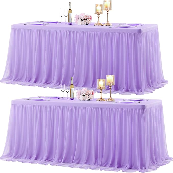 Purple Fitted Tablecloth Rectangle 8 Foot Stretch Elastic Tulle Ruffle Tablecloths Rectangular Spandex Table Covers 8ft Birthday Baby Shower Wedding Party Table Cloths with Skirt 2Pack
