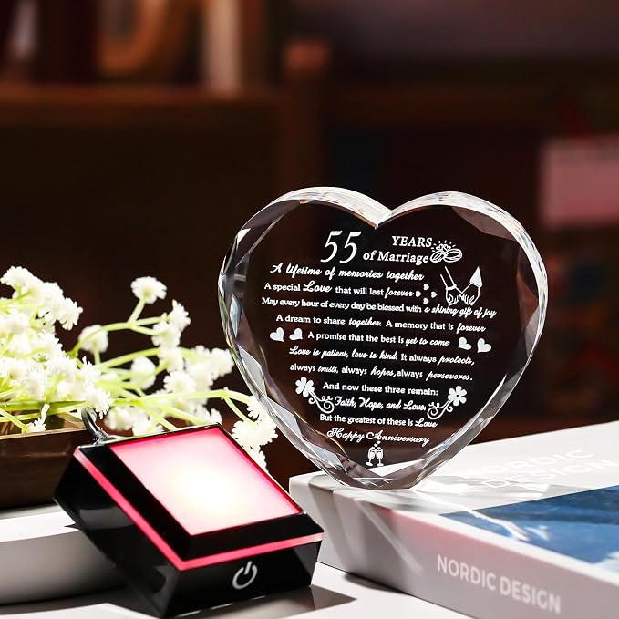 Happy 55th Wedding Anniversary Crystal Gifts for Couples Parents, 55th Wedding Anniversary Keepsake Gifts for Her Him with Colorful LED Base, Romantic 55 Years of Marriage Heart Gift for Wife Husband