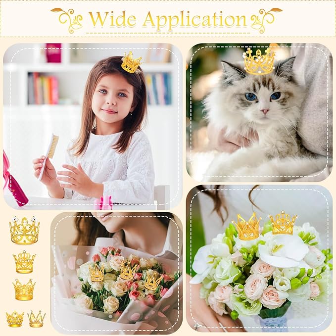 Billbotk 40 Pcs Mini Crowns for Flower Bouquets, Small Gold Crowns for Princess Cake Topper, Crown Decoration for Birthday Wedding Baby Shower Party, 5 Styles