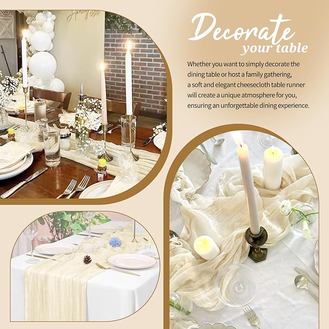 Ivory Cheesecloth Table Runner 6 Pack 10FT - Boho Gauze Sheer Rustic Crinkled Table Runners for Wedding Party Baby Shower Bridal Decor