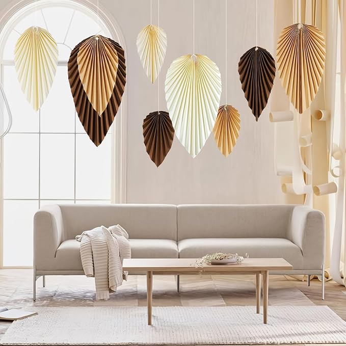 SUNBEAUTY Boho Paper Fans Party Decorations Paper Leaves for Decoration Natural Party Decorations Paper Fans Classroom Decoration Paper Fans Backdrop Decor Brown Birthday Decorations,Set of 9