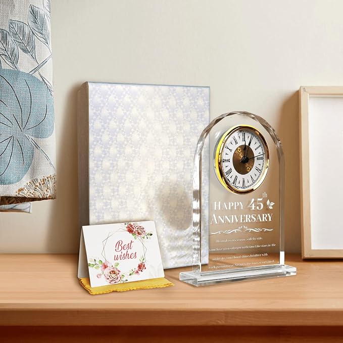 45th Wedding Anniversary Clock Gifts for Couples - Elegant Crystal Glass Clock Keepsake for Husband & Wife - Unique Home Decor for 45 Years of Marriage