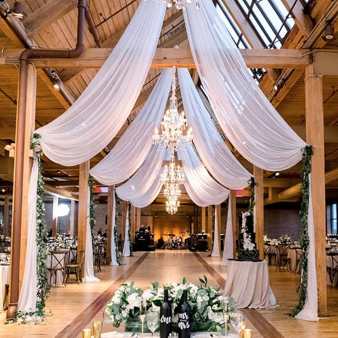 MODFUNS White Ceiling Drapes for Weddings 5x20FT 6 Panels Sheer Chiffon Ceiling Curtain Wedding Arch Draping Fabric Tulle Curtain Drapery Elegant Scarf Drapes Fabric for Bridal Baby Shower Arbor Drape