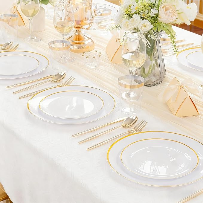 EI 180pcs White and Gold Plastic Plates,Gold Plastic Plates for Party,Fancy Plate Disposable Dinnerware Sets,Gold Disposable Silverware and Cups for Wedding,Baby Shower,Spring Afternoon Tea