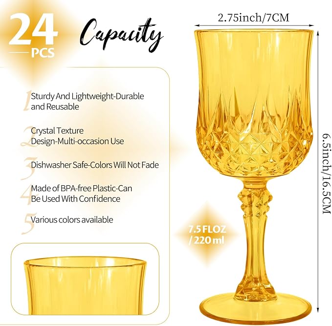 24Pack Gold Plastic Wine Glasses,Vintage Plastic Goblets for Parties, Light Gold Drinking Glasses Crystal Water Goblets Reusable for Wedding Reception, Grand Event Party Supplies