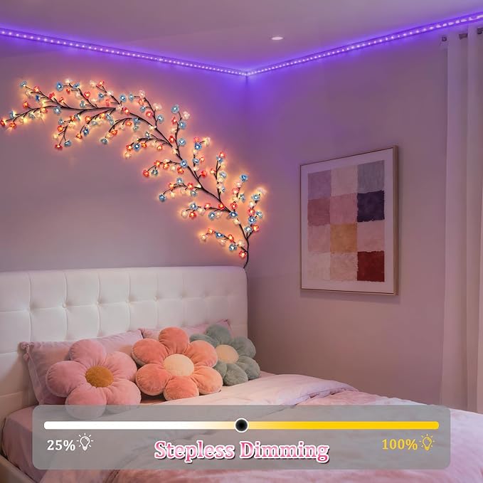 7.55 FT 144 LED Cherry Blossom Tree Branch Lights for Wall,8 Modes Artificial Pink Cherry Blossom Garland with Remote and Timer,Willow Vine Lights (144 LED Three-Color Cherry Blossom)