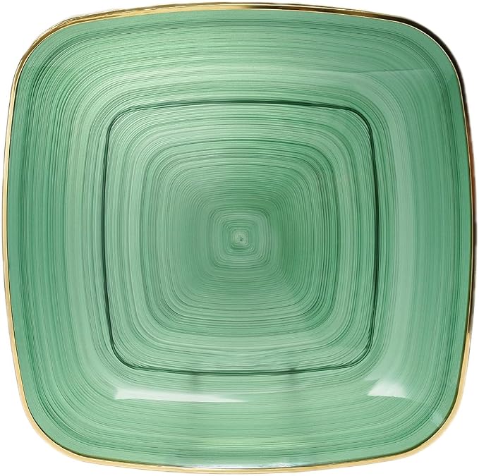 OCCASIONS 50 Green Disposable Dinner Plates (25 Guests) - Fancy Square Heavy Duty Plastic Dinnerware Set with Gold Rim for Wedding Party, 25x10" + 25x7" Salad/Dessert, BPA Free, Belize in Green & Gold